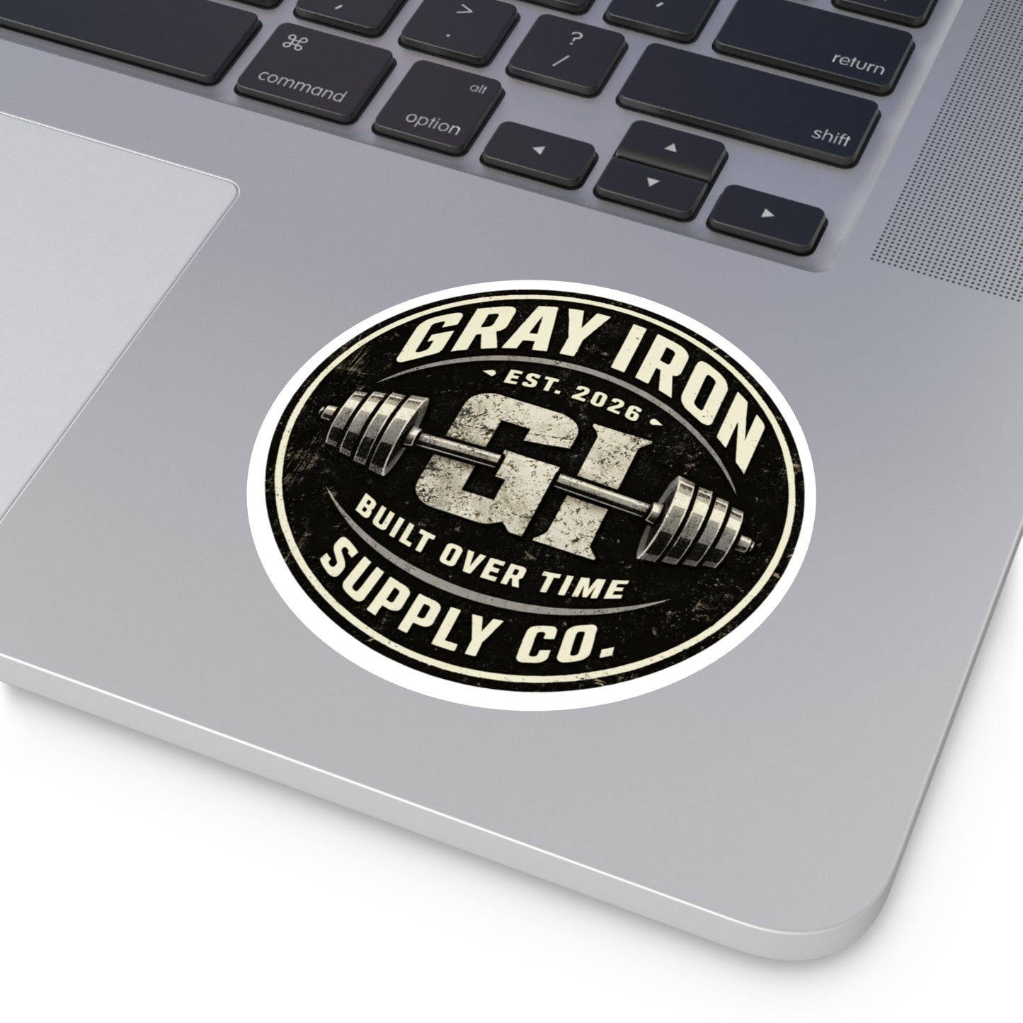Gray Iron Supply Co. Round Vinyl Sticker — 'Built Over Time' Gym Barbell Logo