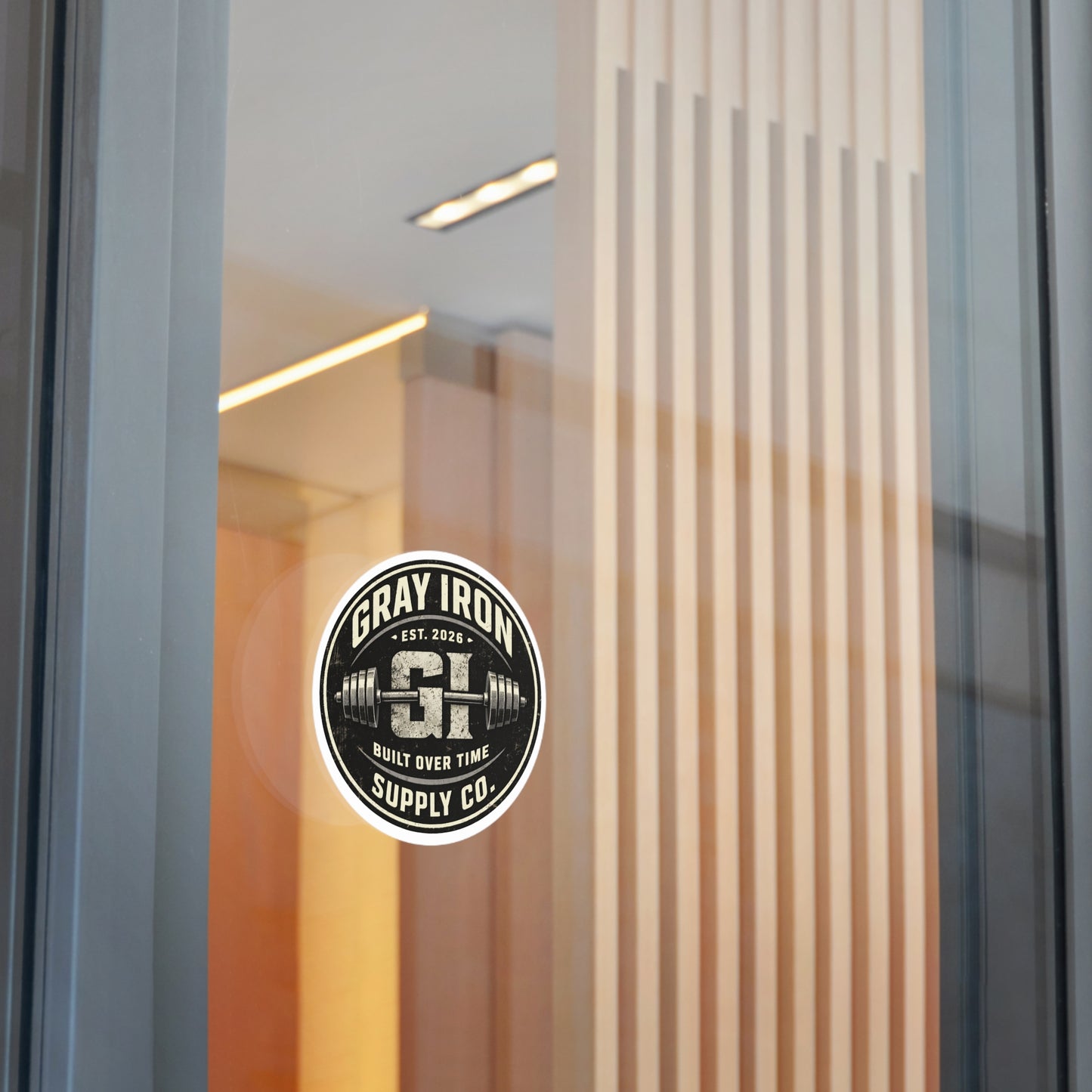 Gray Iron Supply Co. Round Vinyl Sticker — 'Built Over Time' Gym Barbell Logo