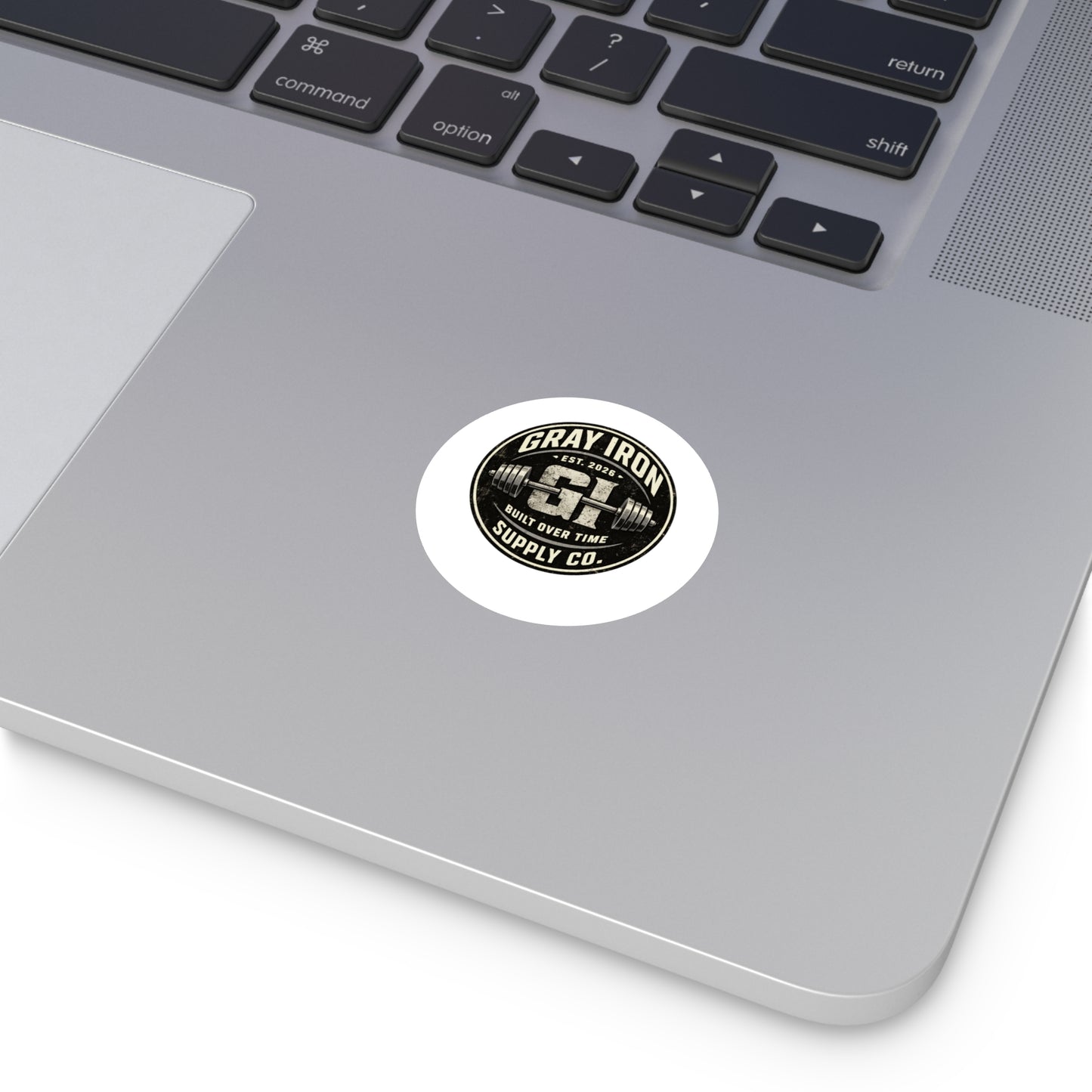 Gray Iron Supply Co. Round Vinyl Sticker — 'Built Over Time' Gym Barbell Logo